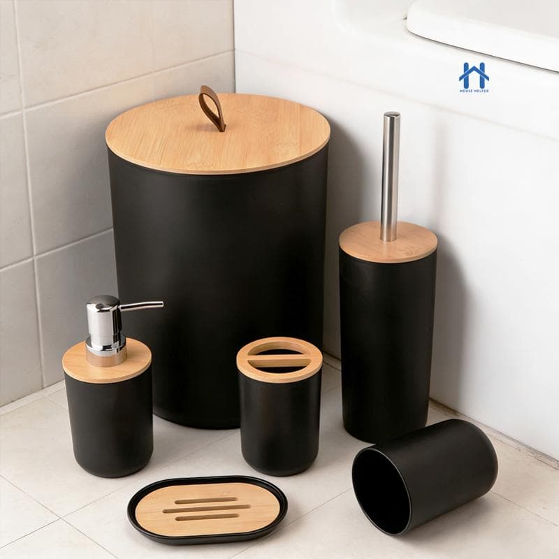 Kit para banheiro com 6 peças lavabo luxuoso preto ou branco com bambu moderno e muito elegante